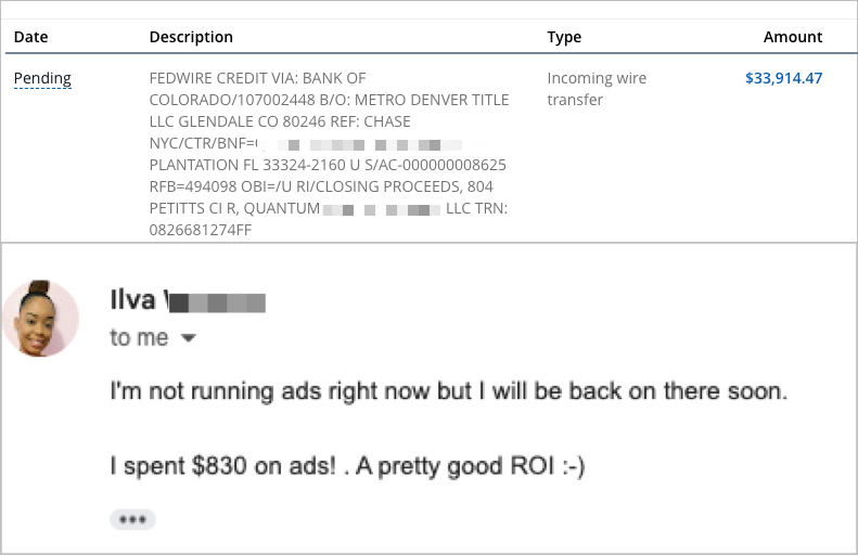 Ilva - $830 spend, $33,914 wire